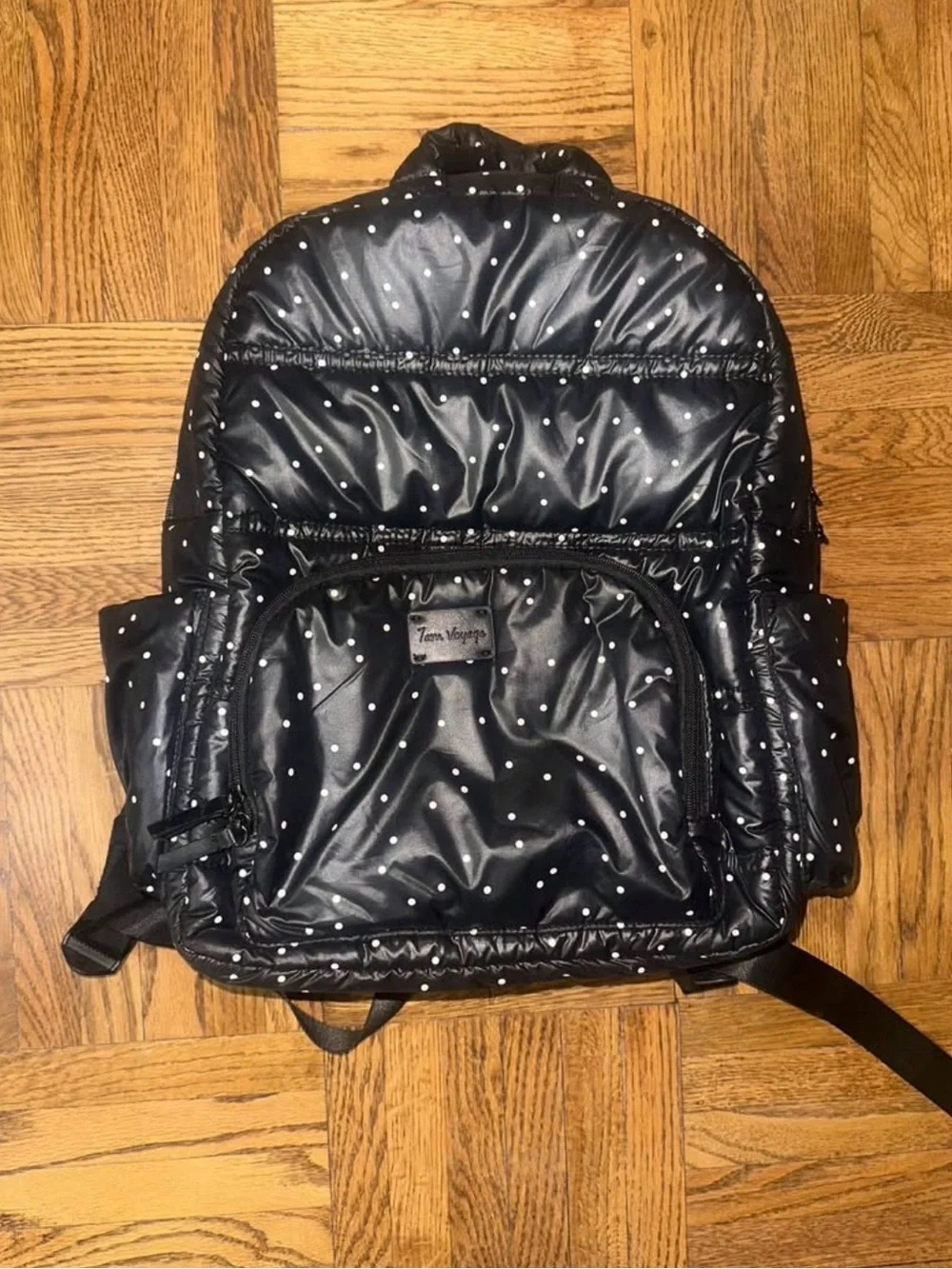 Black Puffer Backpack with White Polka Dots